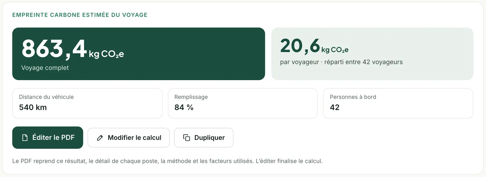 Capture de l’espace : résultat d’un calcul de la calculette carbone