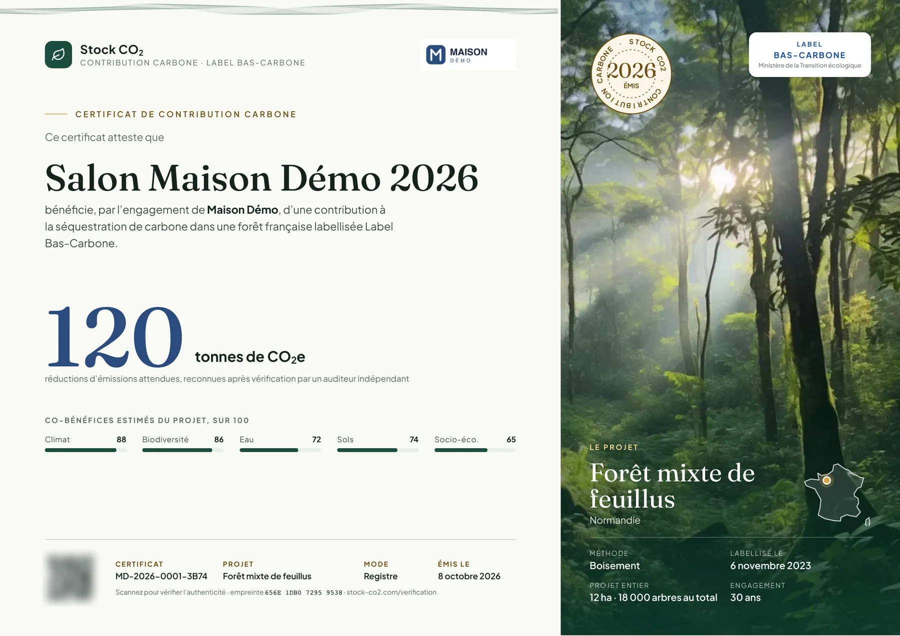 Certificat de contribution carbone émis depuis l’espace, au logo de l’entreprise