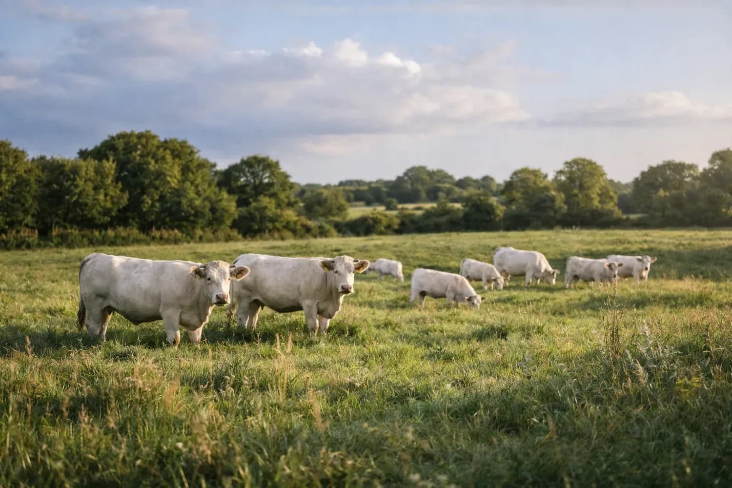 Herd of suckler cows grazing next to woodland