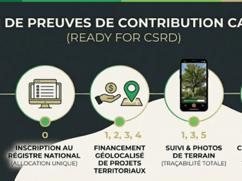 Schéma de la chaîne de preuves de contribution carbone CSRD avec les étapes du Label Bas Carbone au contrôle OTI.