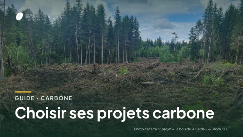 Couverture du guide « Choisir ses projets carbone » : titre sur une photo de terrain : parcelle du projet « Le bois de la Garde »